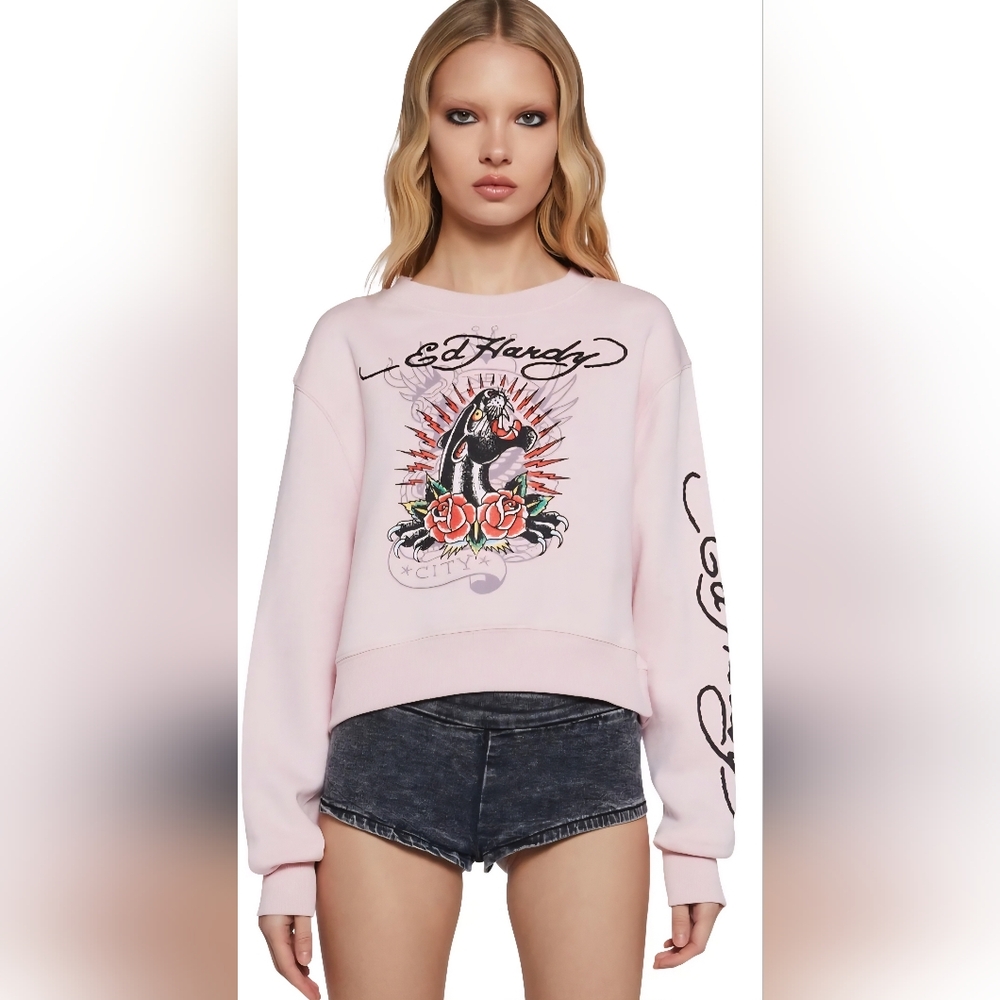 Ed Hardy Women's Light Pink Graphic Sweatshirt